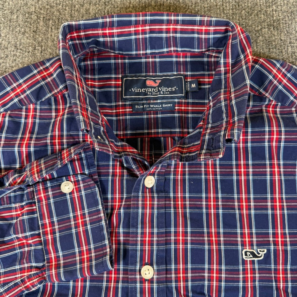 Vineyard Vines Slim Fit Whale Shirt Mens Medium Blue Red Plaid Button Down 3508